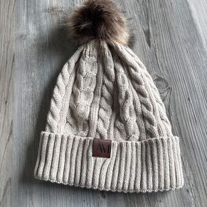 NWT Adore Me Beige Knit Beanie Hat With Fur Pom Pom One Size
